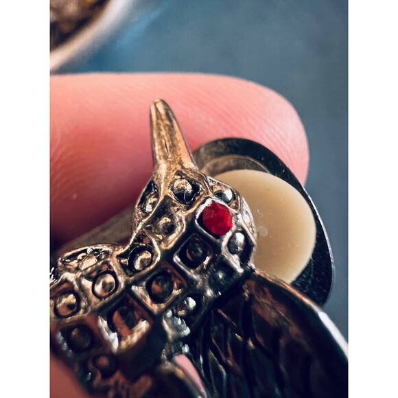 Vintage Hummingbird Clip-On Earrings Silver Tone Red Rhinestone Eye Bird Jewelry - Picture 5 of 7